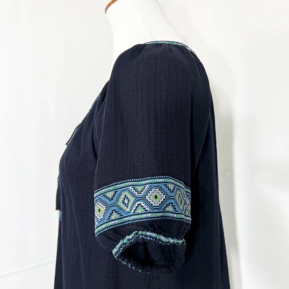 J. Crew Embroidered Tie Neck Navy Blue Short Sleeve Peasant Blouse